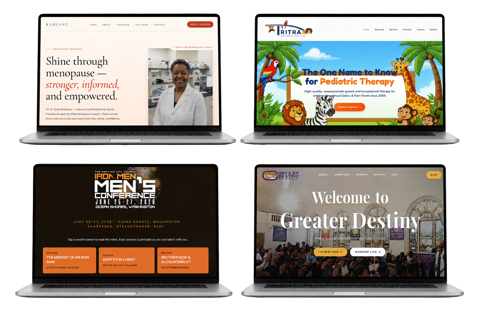 Four laptop mockups showing websites built by YaLife Media & Marketing: Radiant Menopause, TriTrax Rehabilitation, Iron Men Conference, and Greater Destiny Church