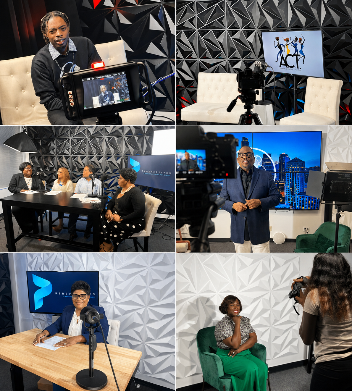 Collage of podcast recording, on-camera interviews and a photography session in YaLife Studios