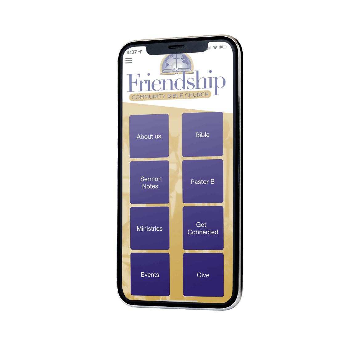 Friendship Community Bible Church mobile app home screen on a phone