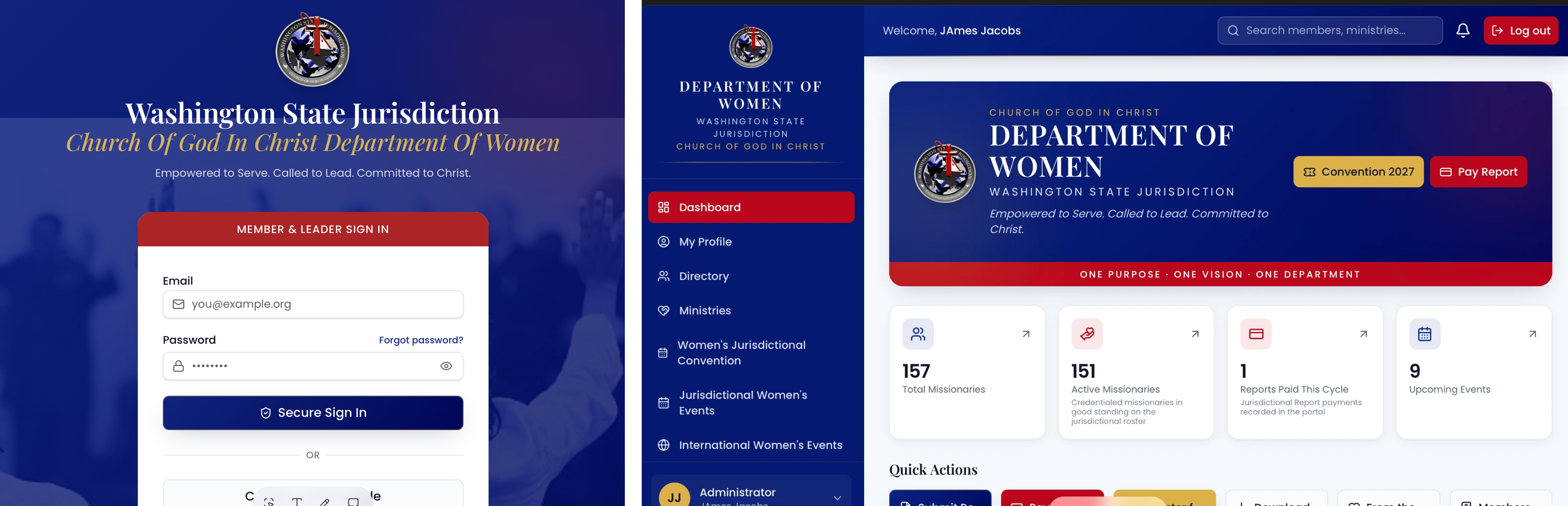 Custom member portal login page and administrator dashboard built for the Washington State Jurisdiction Church of God in Christ Department of Women
