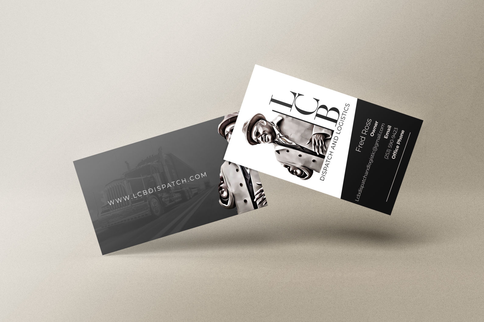 Two-sided black and white business cards for LCB Dispatch and Logistics