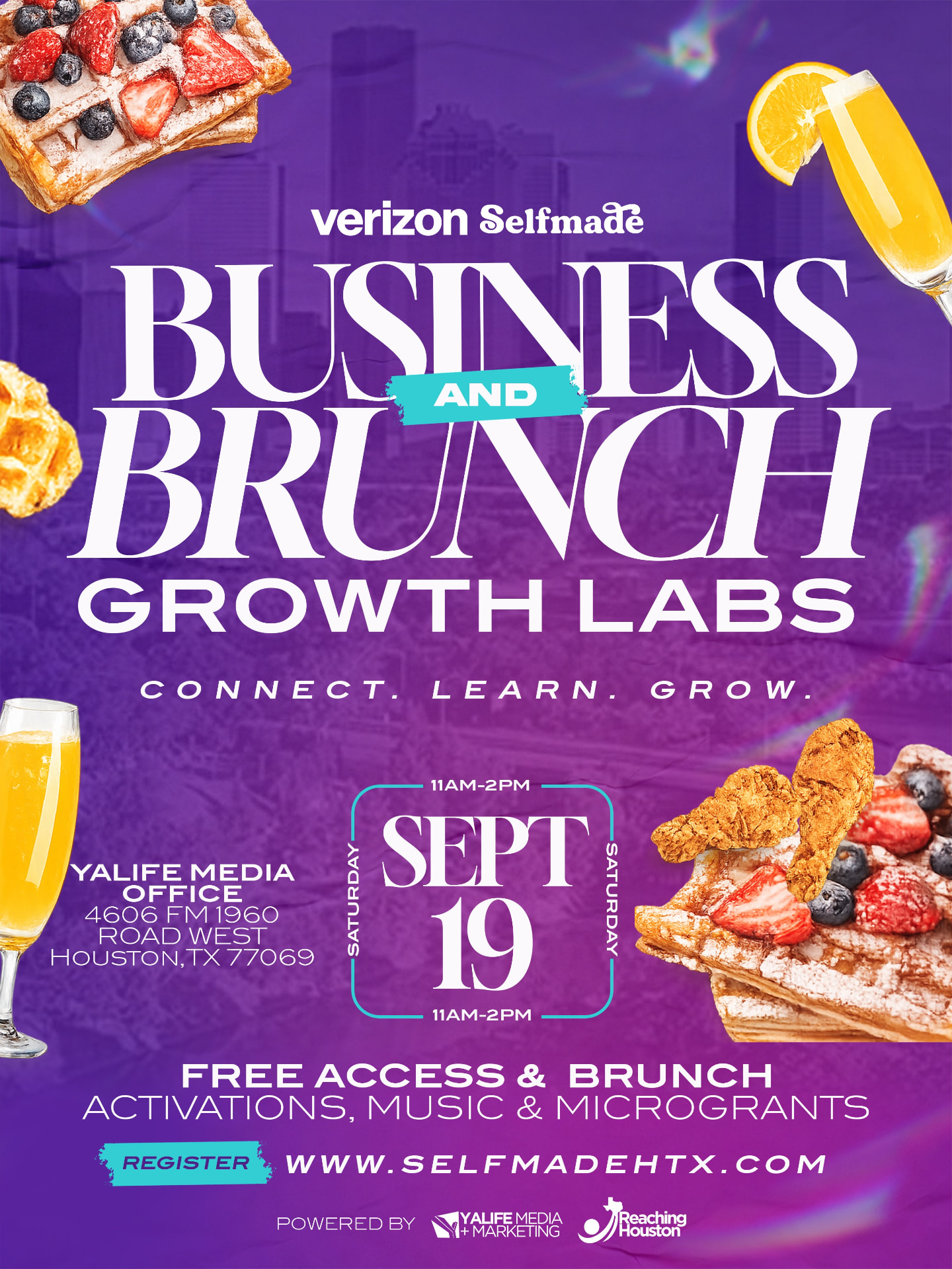 Verizon Selfmade Business & Brunch Growth Labs event flyer with waffles, chicken and a mimosa