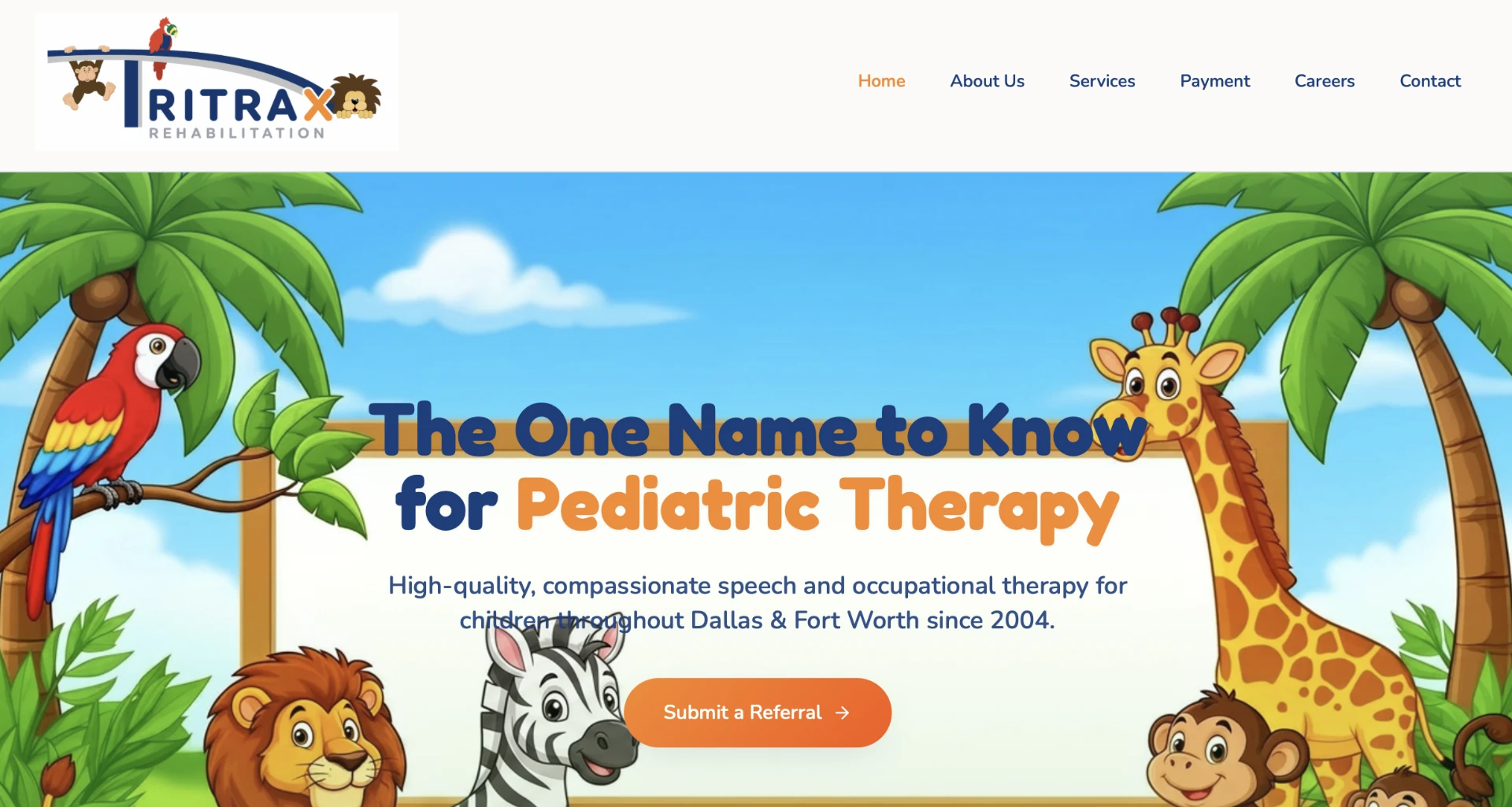 Homepage of the TriTrax Rehabilitation pediatric therapy website built by YaLife Media & Marketing