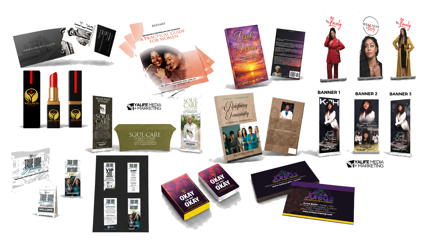 Portfolio of graphic and print design work by YaLife Media & Marketing including flyers, book covers, banners, business cards, and product packaging