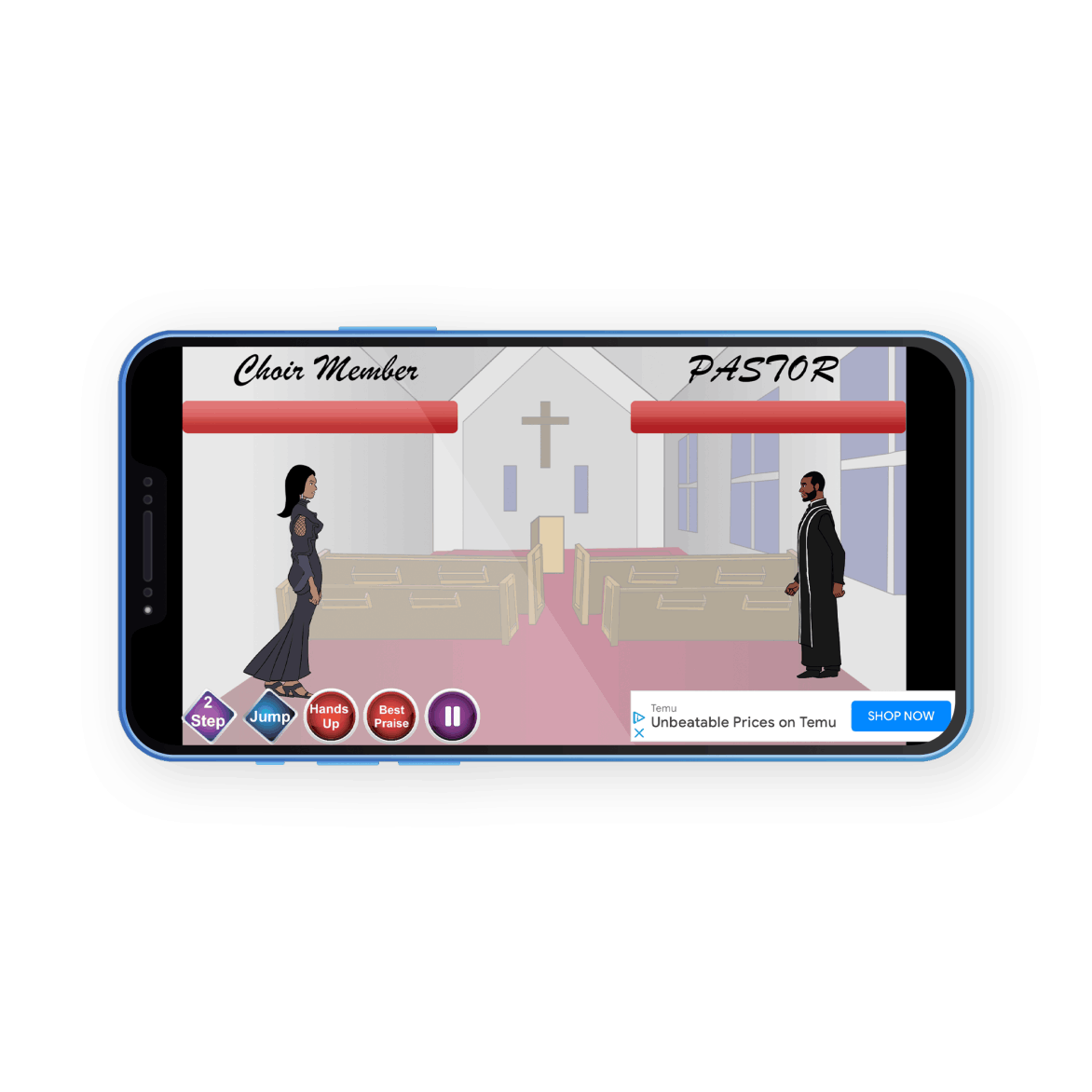 Praise Break mobile game screen with choir member and pastor characters