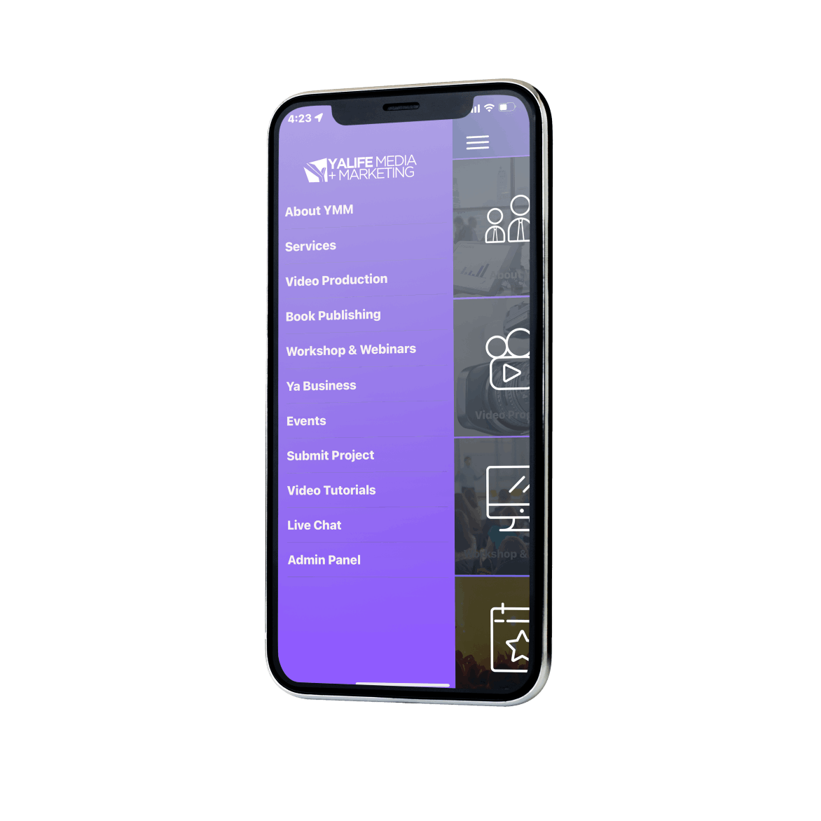 YaLife Media & Marketing mobile app navigation menu