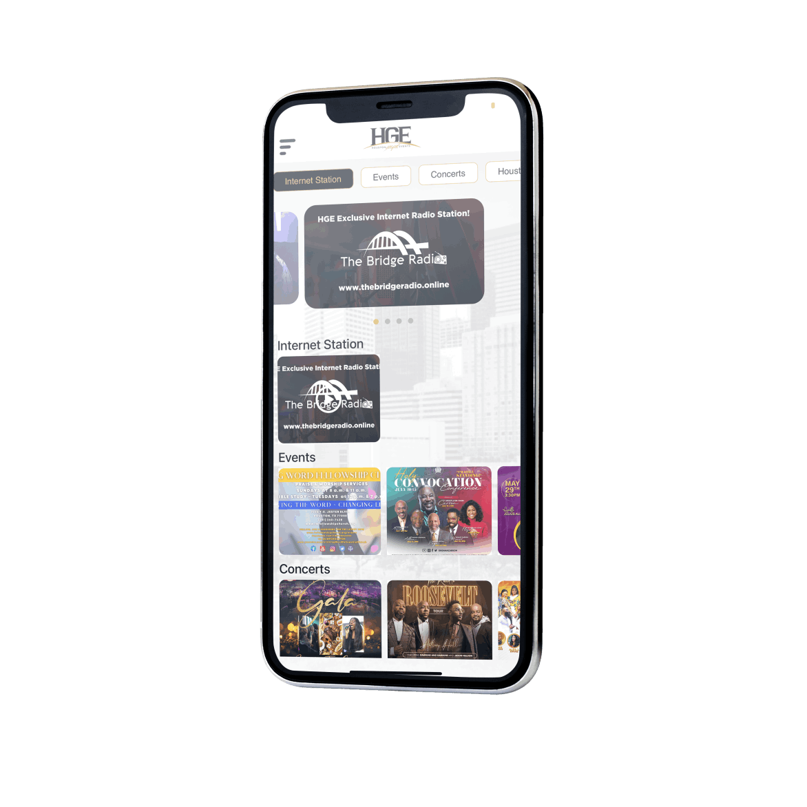 Houston Gospel Experience app showing internet radio, events and concerts