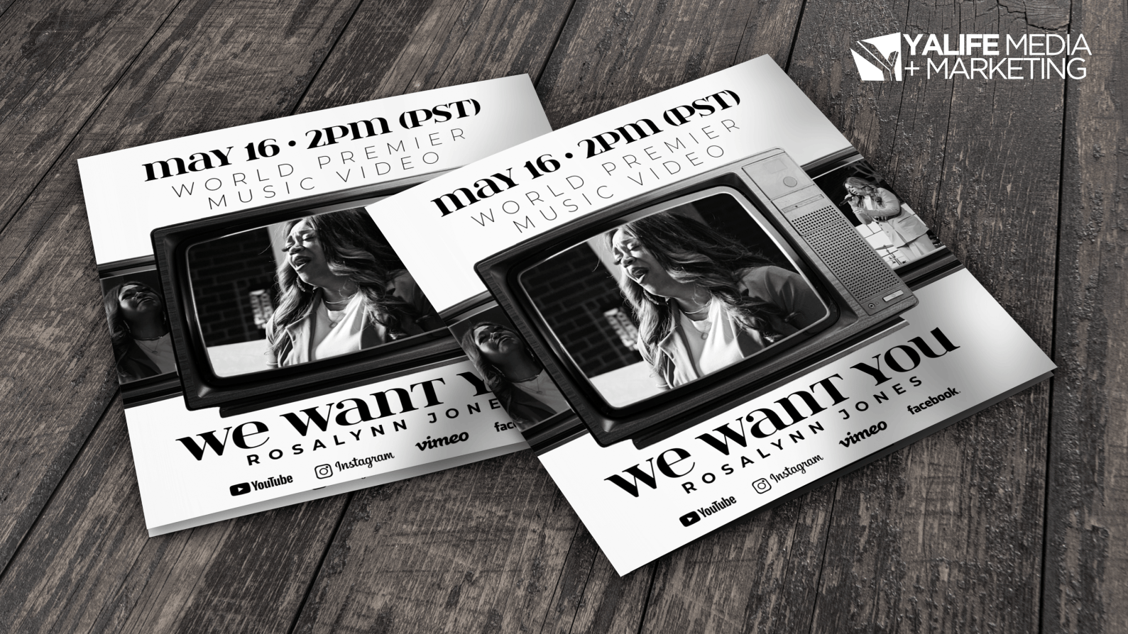 Black and white printed promo cards for the Rosalynn Jones music video premiere
